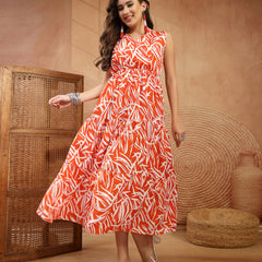 Stylum Women's Orange Abstract Printed Poly Rayon Tiered Dress (DRSORANGEELARA)