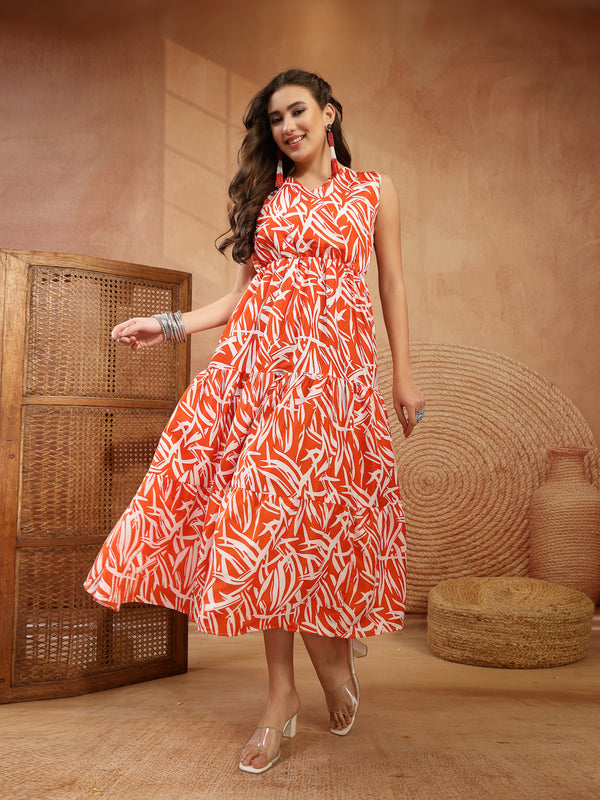 Stylum Women's Orange Abstract Printed Poly Rayon Tiered Dress (DRSORANGEELARA)