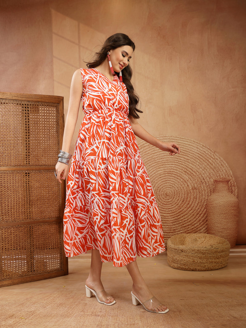 Stylum Women's Orange Abstract Printed Poly Rayon Tiered Dress (DRSORANGEELARA)