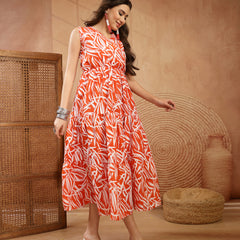 Stylum Women's Orange Abstract Printed Poly Rayon Tiered Dress (DRSORANGEELARA)