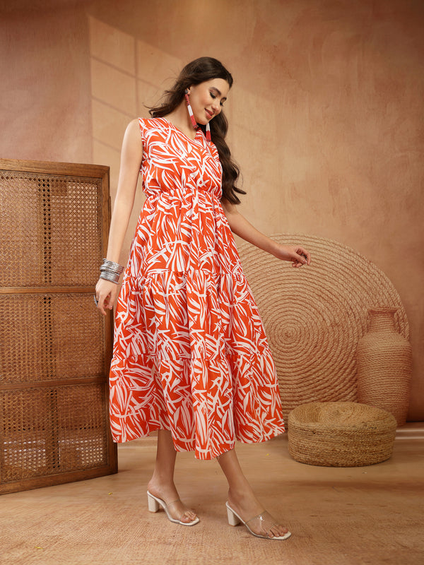 Stylum Women's Orange Abstract Printed Poly Rayon Tiered Dress (DRSORANGEELARA)