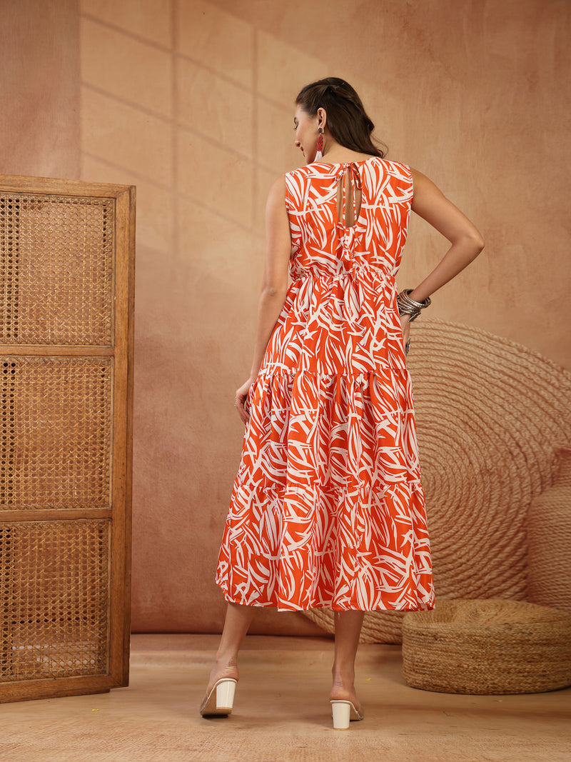 Stylum Women's Orange Abstract Printed Poly Rayon Tiered Dress (DRSORANGEELARA)