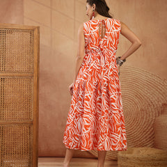 Stylum Women's Orange Abstract Printed Poly Rayon Tiered Dress (DRSORANGEELARA)