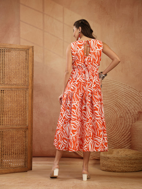 Stylum Women's Orange Abstract Printed Poly Rayon Tiered Dress (DRSORANGEELARA)