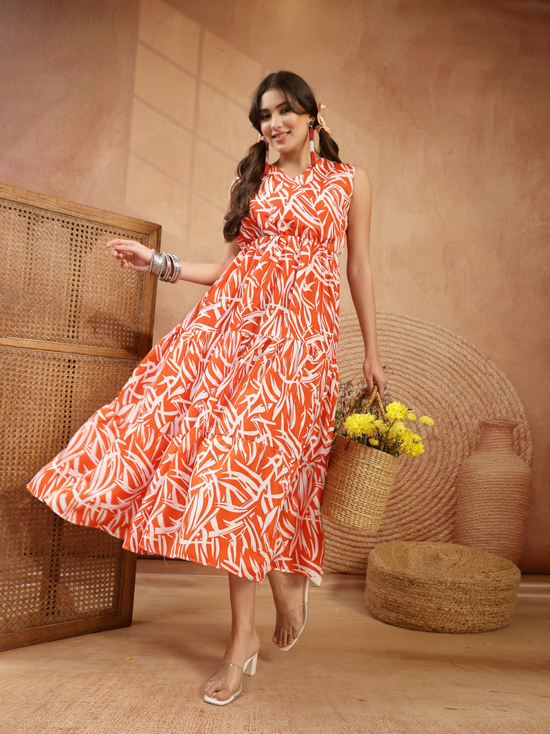 Stylum Women's Orange Abstract Printed Poly Rayon Tiered Dress (DRSORANGEELARA)