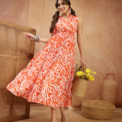 Stylum Women's Orange Abstract Printed Poly Rayon Tiered Dress (DRSORANGEELARA)