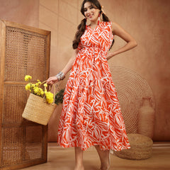 Stylum Women's Orange Abstract Printed Poly Rayon Tiered Dress (DRSORANGEELARA)