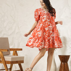 Stylum Women's Orange Tropical Printed Cotton Flared Dress (DRSORANGEFANTA)