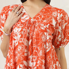 Stylum Women's Orange Tropical Printed Cotton Flared Dress (DRSORANGEFANTA)