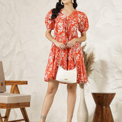 Stylum Women's Orange Tropical Printed Cotton Flared Dress (DRSORANGEFANTA)