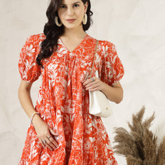 Stylum Women's Orange Tropical Printed Cotton Flared Dress (DRSORANGEFANTA)