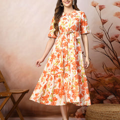Stylum Women's Floral Printed Cotton Flared Dress (DRSORANGEKINNU)