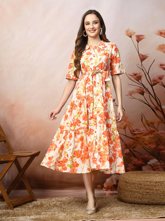 Stylum Women's Floral Printed Cotton Flared Dress (DRSORANGEKINNU)