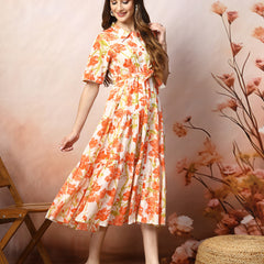 Stylum Women's Floral Printed Cotton Flared Dress (DRSORANGEKINNU)