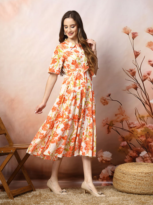 Stylum Women's Floral Printed Cotton Flared Dress (DRSORANGEKINNU)