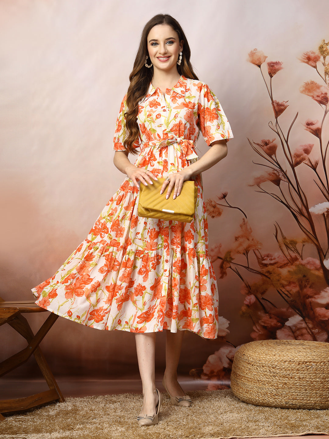 Stylum Women's Floral Printed Cotton Flared Dress (DRSORANGEKINNU)