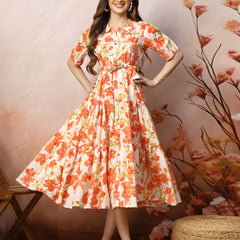 Stylum Women's Floral Printed Cotton Flared Dress (DRSORANGEKINNU)
