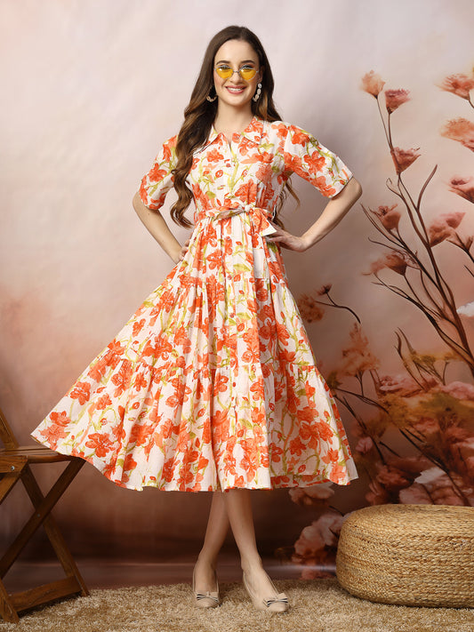 Stylum Women's Floral Printed Cotton Flared Dress (DRSORANGEKINNU)