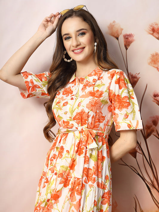 Stylum Women's Floral Printed Cotton Flared Dress (DRSORANGEKINNU)