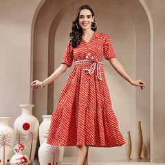 Stylum Women's Orange Leheriya Printed Cotton Tiered Dress (DRSORANGEPEPPY)