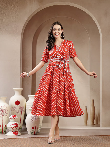 Stylum Women's Orange Leheriya Printed Cotton Tiered Dress (DRSORANGEPEPPY)