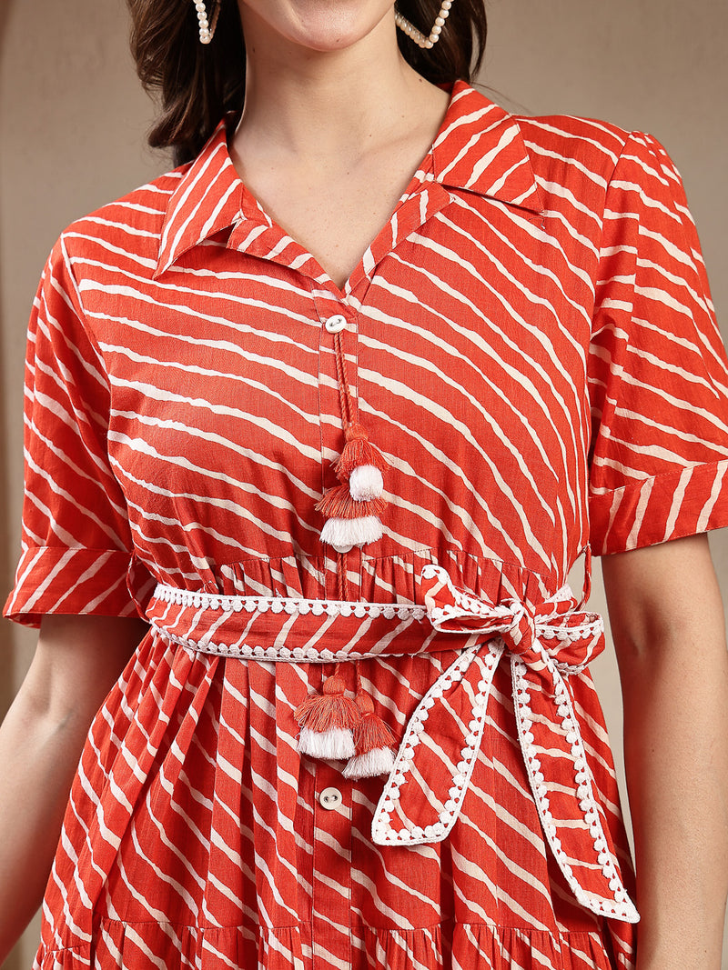 Stylum Women's Orange Leheriya Printed Cotton Tiered Dress (DRSORANGEPEPPY)