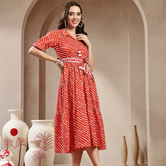 Stylum Women's Orange Leheriya Printed Cotton Tiered Dress (DRSORANGEPEPPY)
