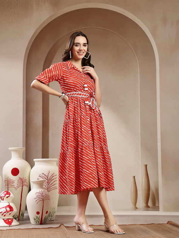 Stylum Women's Orange Leheriya Printed Cotton Tiered Dress (DRSORANGEPEPPY)