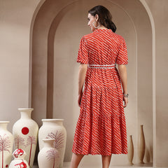 Stylum Women's Orange Leheriya Printed Cotton Tiered Dress (DRSORANGEPEPPY)