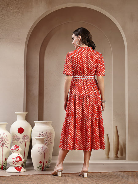 Stylum Women's Orange Leheriya Printed Cotton Tiered Dress (DRSORANGEPEPPY)