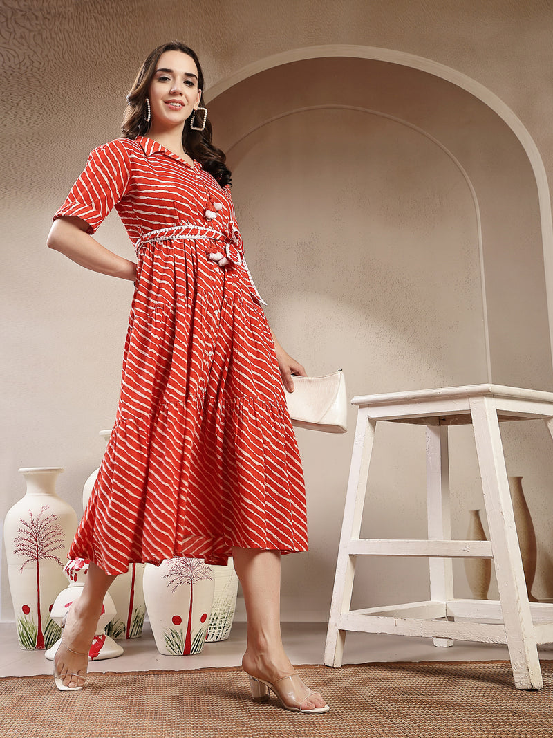 Stylum Women's Orange Leheriya Printed Cotton Tiered Dress (DRSORANGEPEPPY)