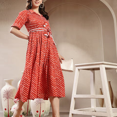 Stylum Women's Orange Leheriya Printed Cotton Tiered Dress (DRSORANGEPEPPY)