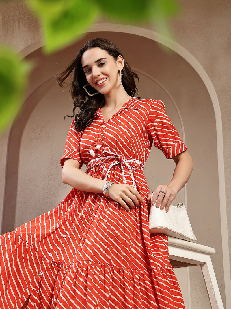 Stylum Women's Orange Leheriya Printed Cotton Tiered Dress (DRSORANGEPEPPY)