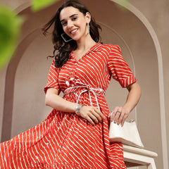 Stylum Women's Orange Leheriya Printed Cotton Tiered Dress (DRSORANGEPEPPY)