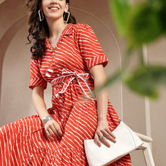 Stylum Women's Orange Leheriya Printed Cotton Tiered Dress (DRSORANGEPEPPY)