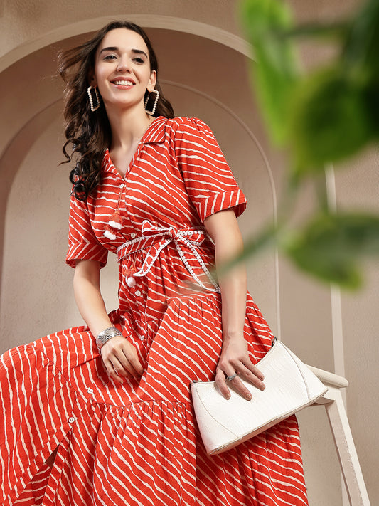 Stylum Women's Orange Leheriya Printed Cotton Tiered Dress (DRSORANGEPEPPY)