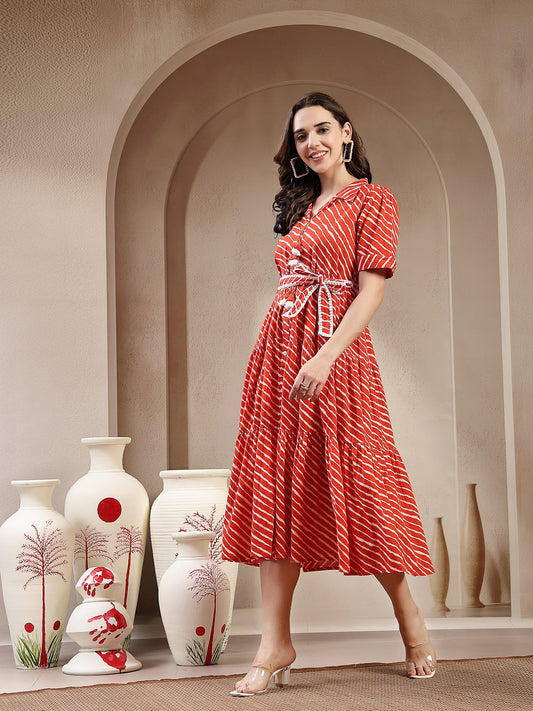 Stylum Women's Orange Leheriya Printed Cotton Tiered Dress (DRSORANGEPEPPY)