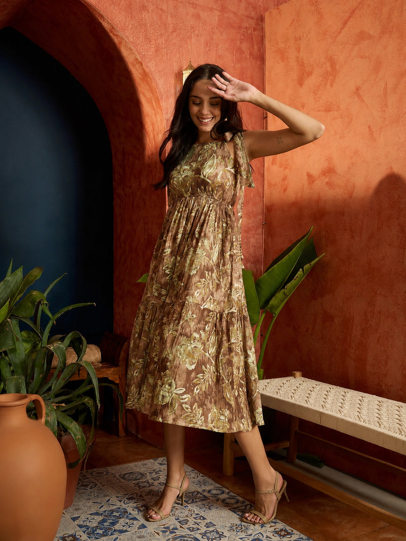 Stylum Women's Peach Floral Printed Crepe Tiered Dress (DRSPEACHMURAD)