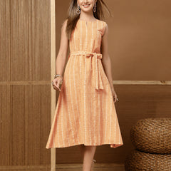 Stylum Women's Peach Self Design Katha Cotton A-Line Dress (DRSPEACHPARKER)