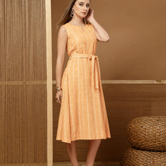 Stylum Women's Peach Self Design Katha Cotton A-Line Dress (DRSPEACHPARKER)