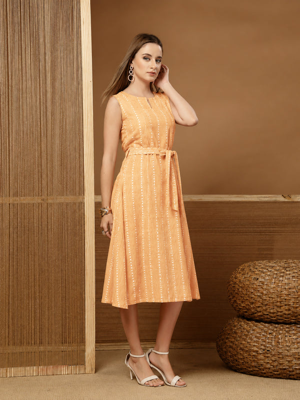 Stylum Women's Peach Self Design Katha Cotton A-Line Dress (DRSPEACHPARKER)