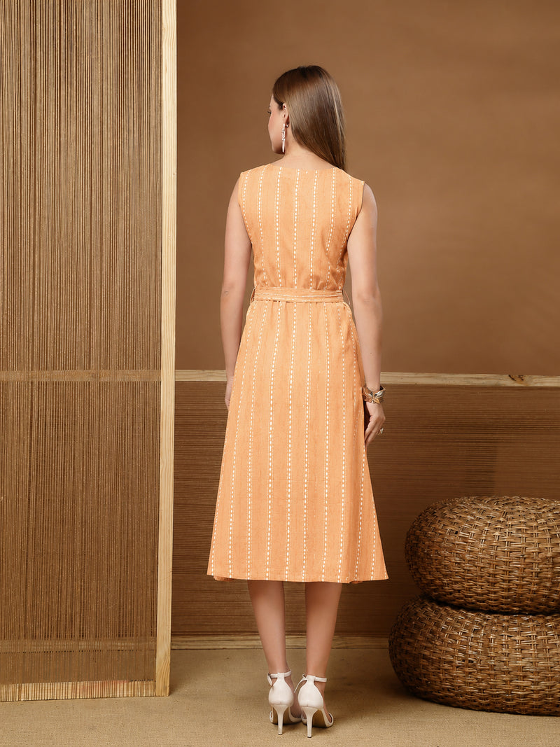 Stylum Women's Peach Self Design Katha Cotton A-Line Dress (DRSPEACHPARKER)