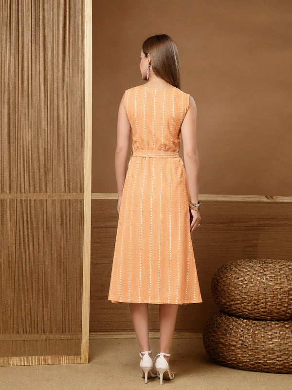Stylum Women's Peach Self Design Katha Cotton A-Line Dress (DRSPEACHPARKER)