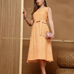 Stylum Women's Peach Self Design Katha Cotton A-Line Dress (DRSPEACHPARKER)
