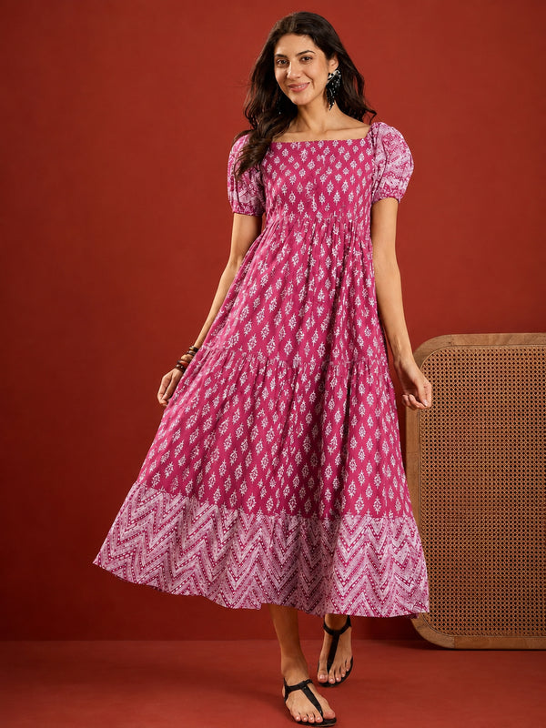 Stylum Women's Pink Ethnic Motif Printed Cotton Empire Dress (DRSPINKANAR)