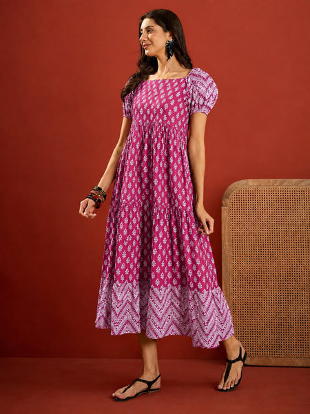 Stylum Women's Pink Ethnic Motif Printed Cotton Empire Dress (DRSPINKANAR)