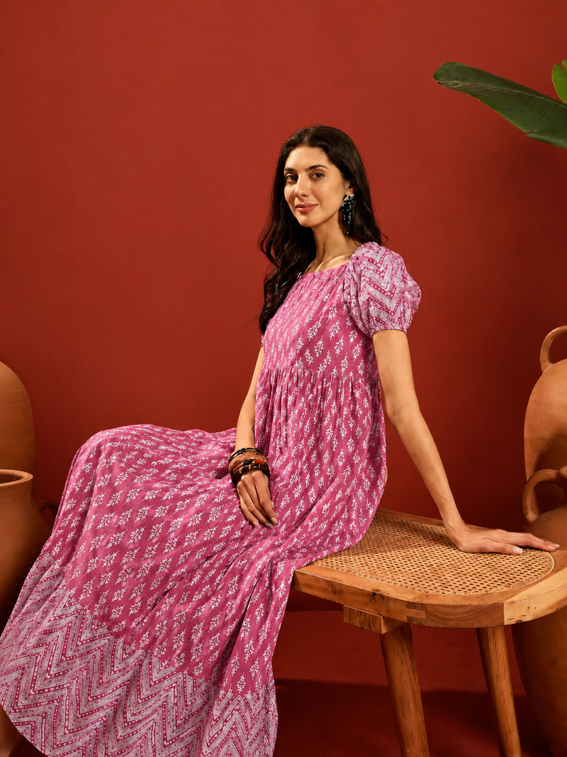 Stylum Women's Pink Ethnic Motif Printed Cotton Empire Dress (DRSPINKANAR)