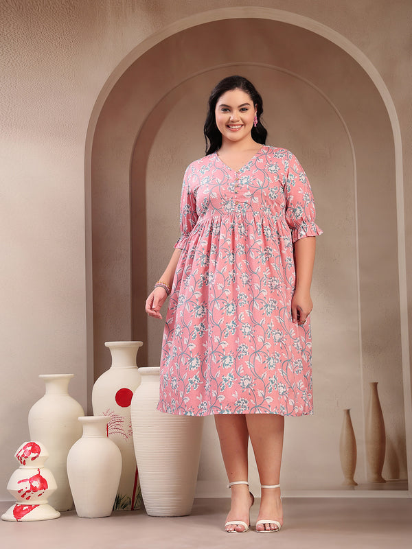 Stylum Women's Plus Size Pestal Pink Ethnic Printed Cotton Flared Dress (DRSPINKBUBBLEPLUS)