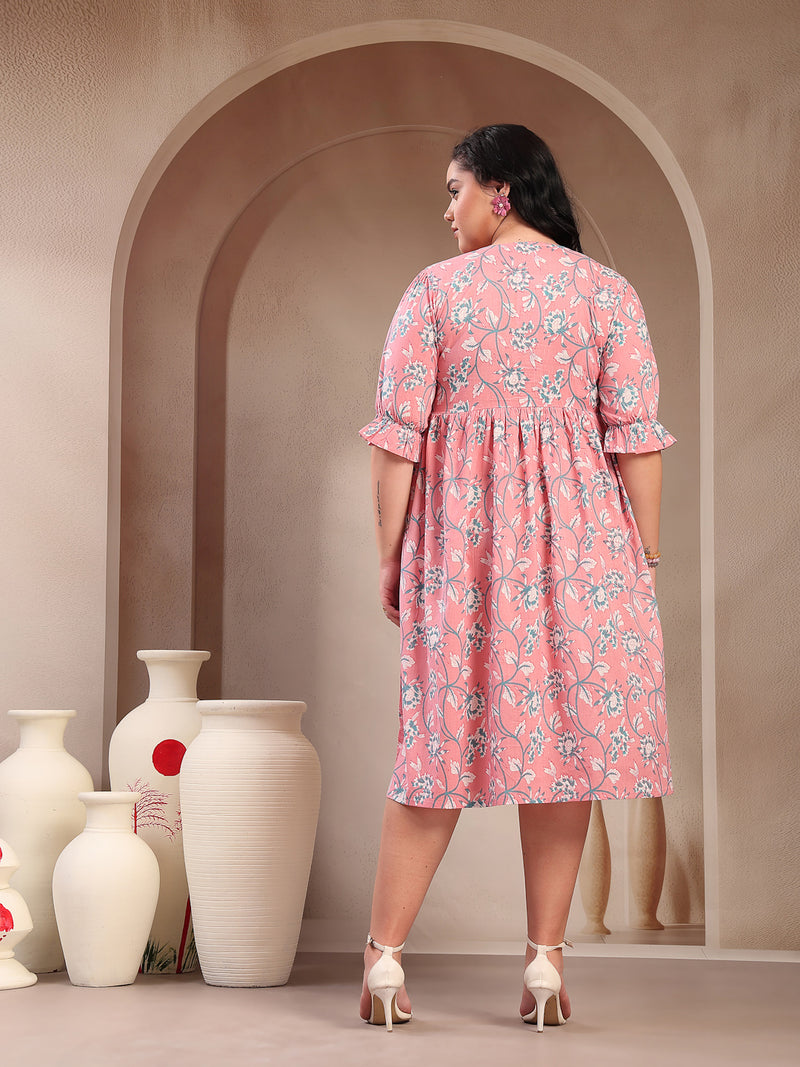 Stylum Women's Plus Size Pestal Pink Ethnic Printed Cotton Flared Dress (DRSPINKBUBBLEPLUS)