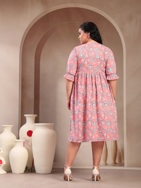 Stylum Women's Plus Size Pestal Pink Ethnic Printed Cotton Flared Dress (DRSPINKBUBBLEPLUS)